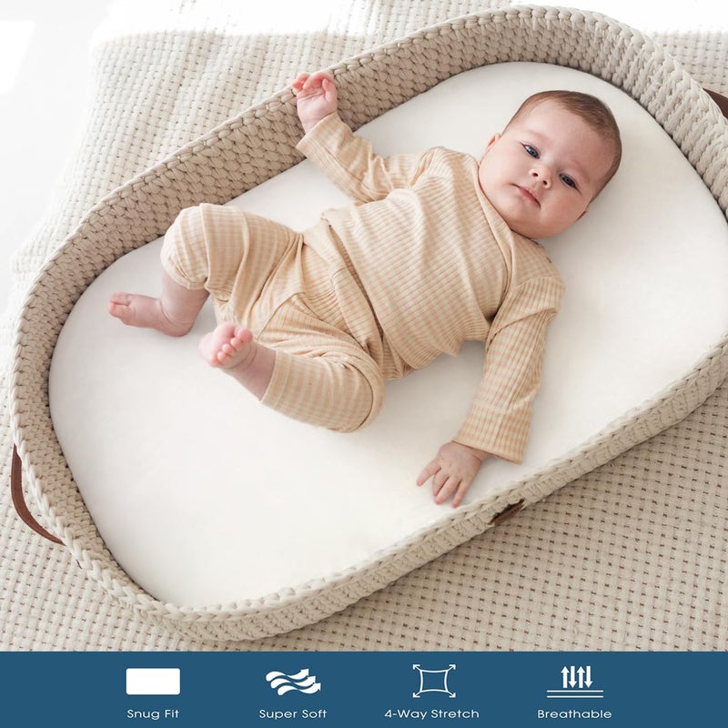 GRSSDER Stretchy Ultra Soft Fitted Bassinet Sheet 3 Pack, Universal Fit for Bassinets Baby Cradle Moses Basket Oval Rectangle Mattress Safe and Snug, Jersey Bassinet Sheets for Girls, White/Sage - Image 3